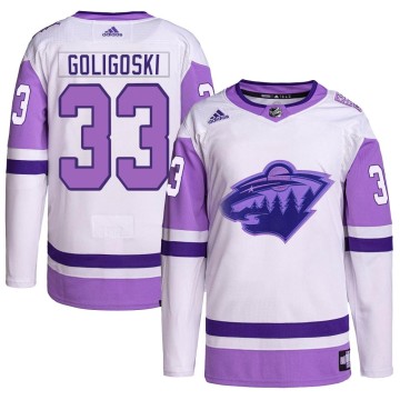 Authentic Adidas Men's Alex Goligoski Minnesota Wild Hockey Fights Cancer Primegreen Jersey - White/Purple