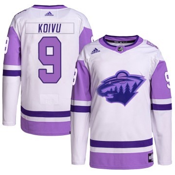Authentic Adidas Men's Mikko Koivu Minnesota Wild Hockey Fights Cancer Primegreen Jersey - White/Purple