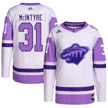 Authentic Adidas Men's Zane McIntyre Minnesota Wild Hockey Fights Cancer Primegreen Jersey - White/Purple