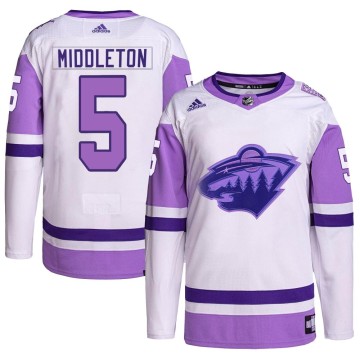 Authentic Adidas Youth Jake Middleton Minnesota Wild Hockey Fights Cancer Primegreen Jersey - White/Purple